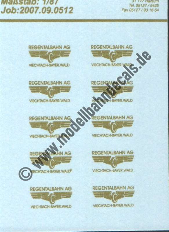 Nass-Schiebebilder: Sonderangebot Spur H0: Wappen der Regentalbahn Golddruck. Artikel-Nummer: 19098