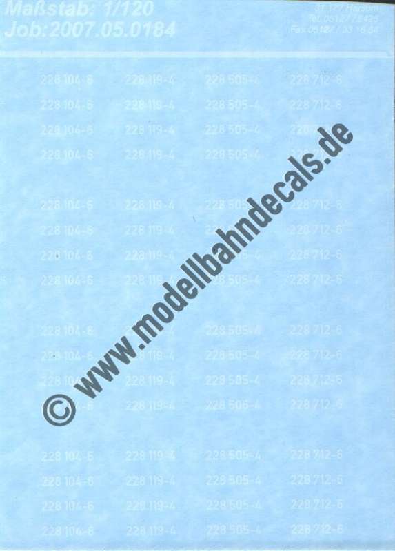 Nass-Schiebebilder: Sonderangebot Spur TT: je 16 Loknummern für 4 Loks der Baureihe 228; Artikel-Nummer: 19108
