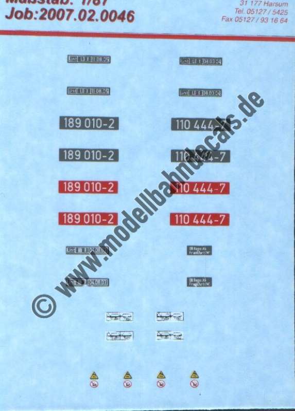 Nass-Schiebebilder: Sonderangebot Spur H0: Diverse Lokanschriften BR 189 und 110. Artikel-Nummer: 19126