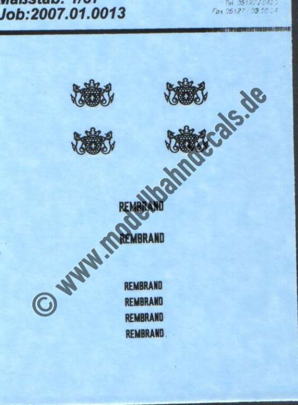 Nass-Schiebebilder: Sonderangebot Spur H0: Wappen von Lelystad und Rembrand-Schriftzüge. Artikel-Nummer: 19140