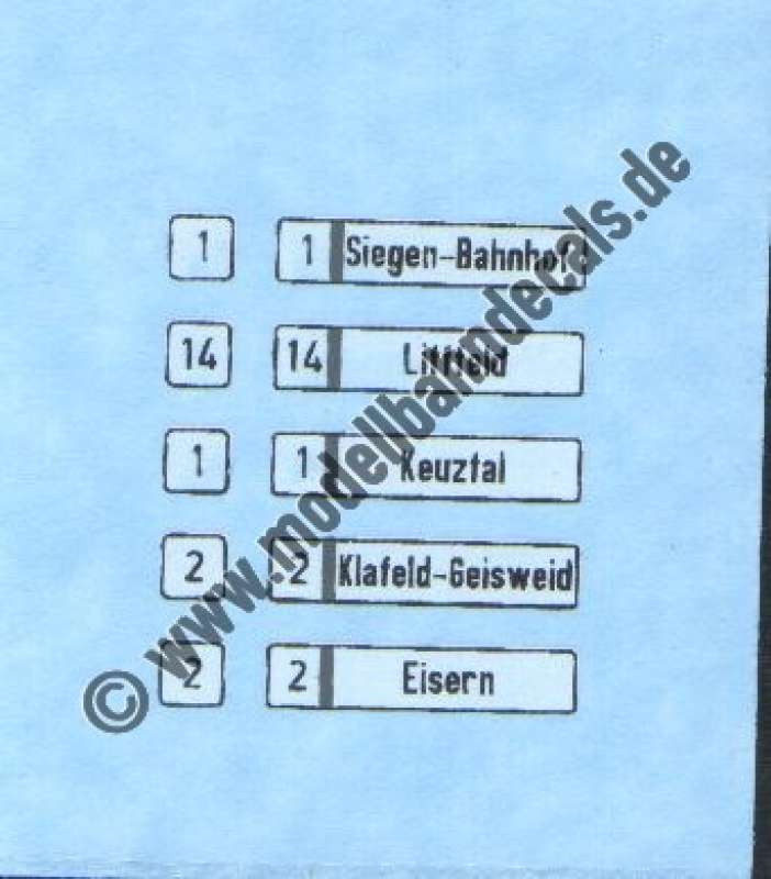 Nass-Schiebebilder: Sonderangebot Spur H0: Liniennummern und Zielschilder für Busse/Straßenbahnen. Artikel-Nummer: 19144
