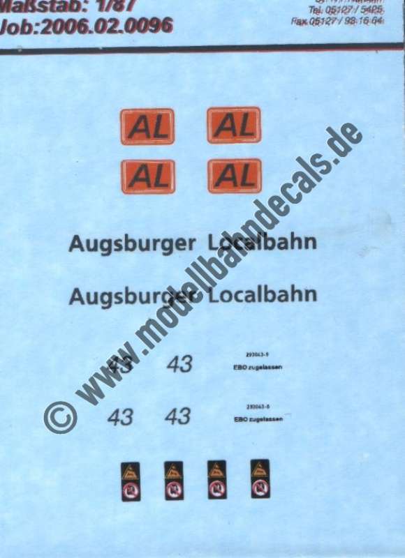 Nass-Schiebebilder: Sonderangebot Spur H0: Lokanschriften für Lok 43 der Augsburger Localbahn. Artikel-Nummer: 19156