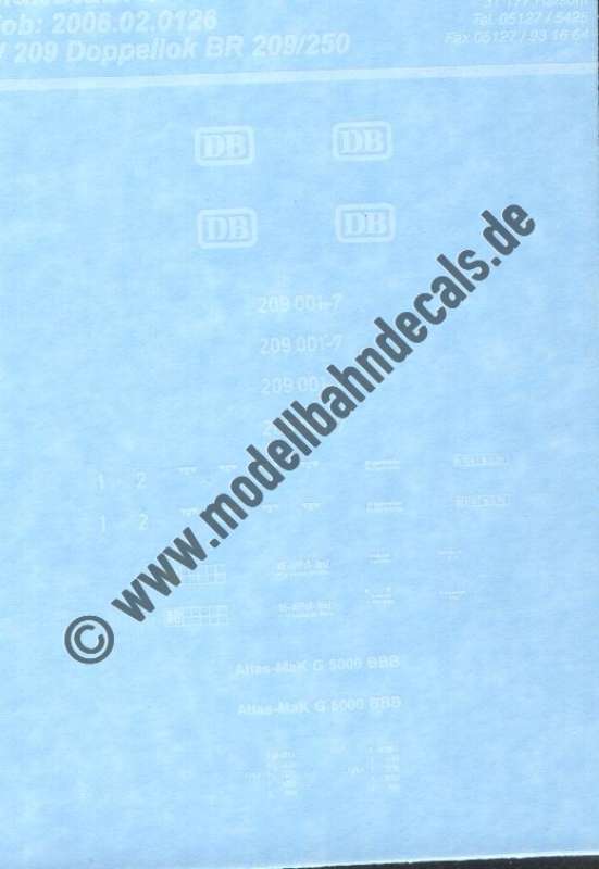 Nass-Schiebebilder: Sonderangebot Spur TT: Komplettbeschriftung für Lok 209 001-7 der DB; Artikel-Nummer: 19165