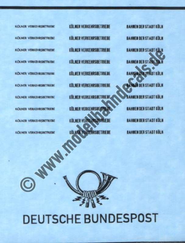 Nass-Schiebebilder: Sonderangebot Spur H0: diverse Anschriften Kölner Verkehrsbetriebe + Deutsche Bundespost. Artikel-Nummer: 19169