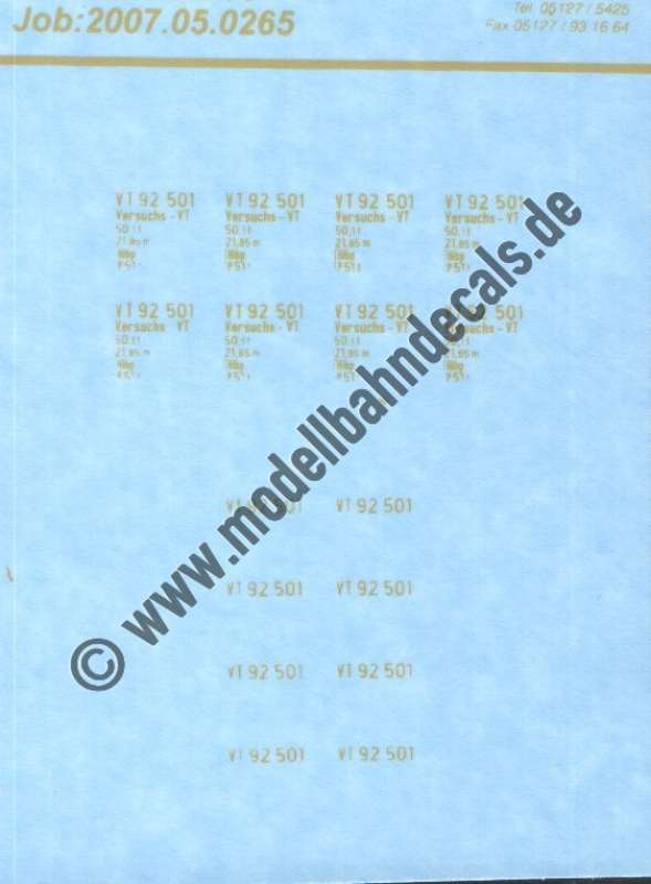 Nass-Schiebebilder: Sonderangebot Spur N: Anschriften für Versuchs-VT (VT 92 501), Artikel-Nummer: 19208