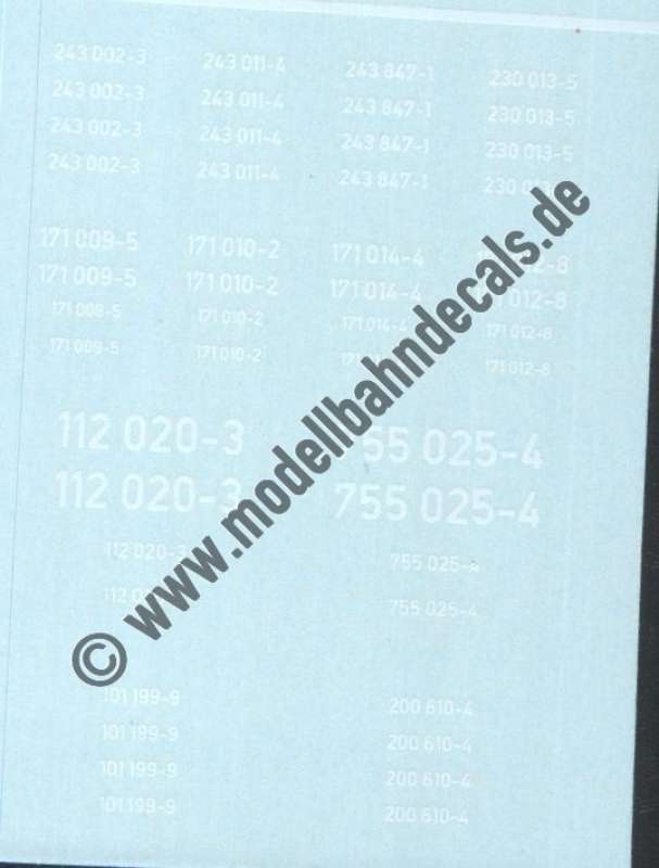 Nass-Schiebebilder: Sonderangebot Spur TT: verschiedene Loknummern, Weiss, Artikel-Nummer: 19212