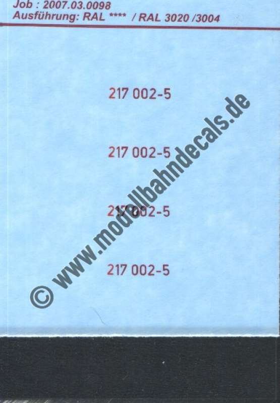 Nass-Schiebebilder: Sonderangebot Spur H0: 4 Loknummern dunkelrot 217 002-5, Artikel-Nummer: 19222