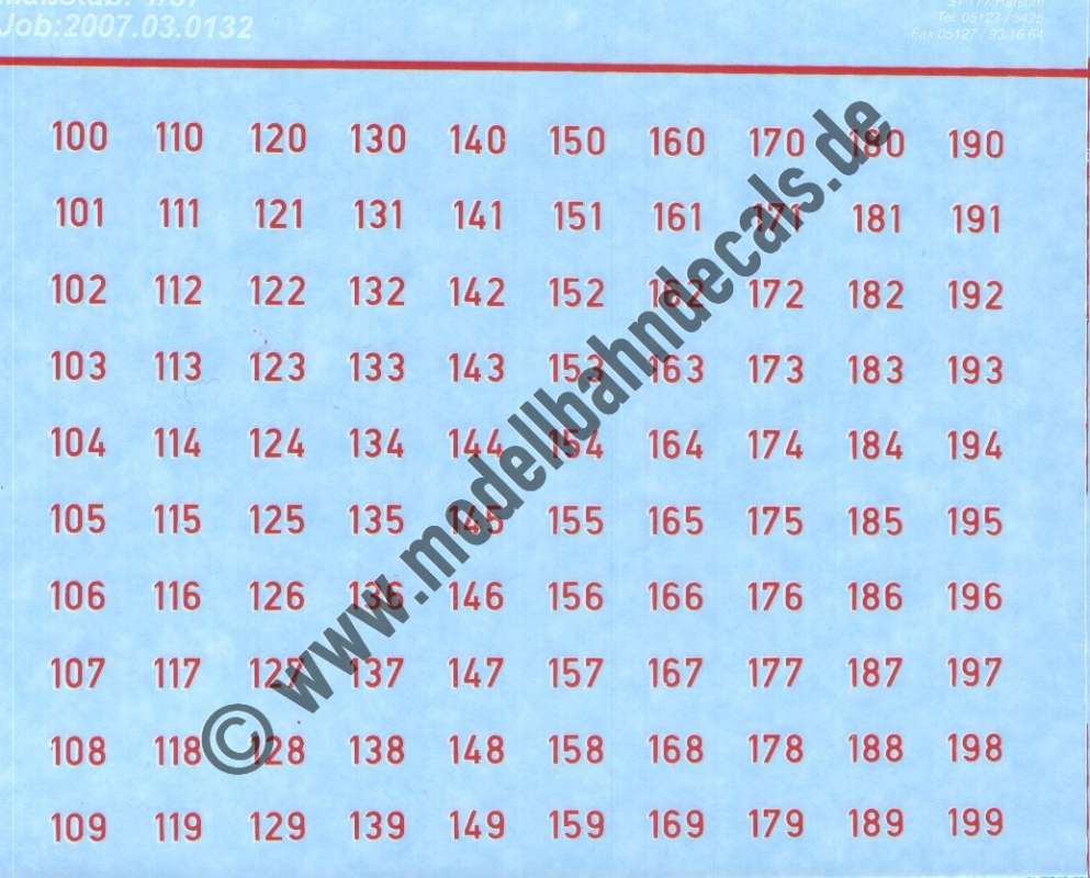 Nass-Schiebebilder: Sonderangebot Spur H0: Nummern von 100-199 rot, Artikel-Nummer: 19228