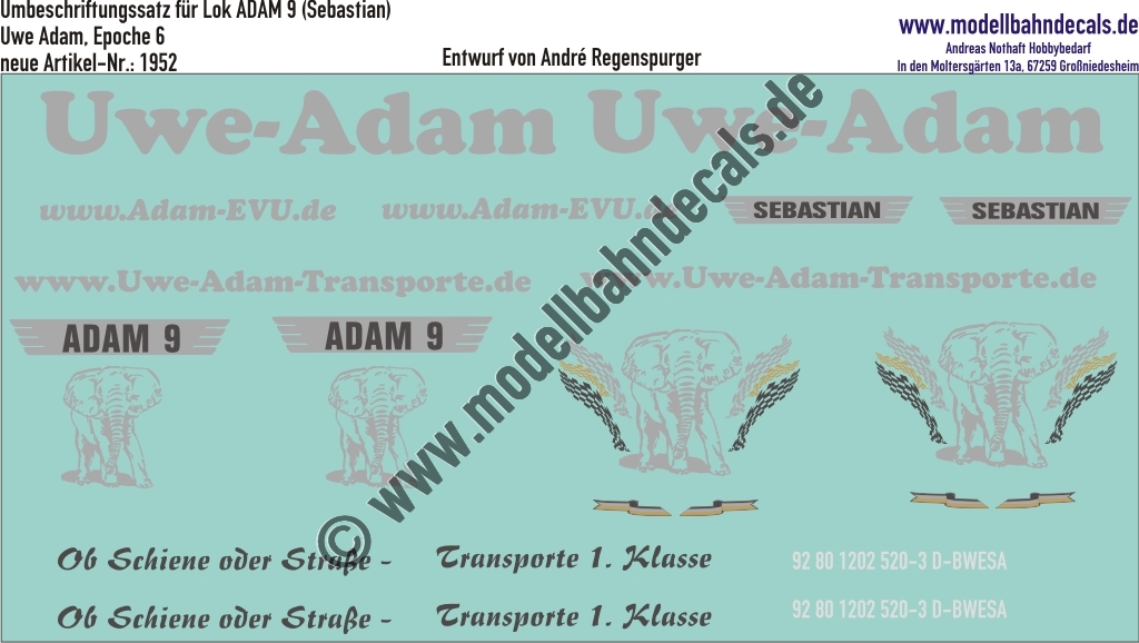 "Nass-Schiebebilder: Umbeschriftungssatz für Lok ADAM 9 (Sebastian), Silbern, Uwe Adam EVU GmbH, Epoche 6. Artikel-Nummer: 1952"