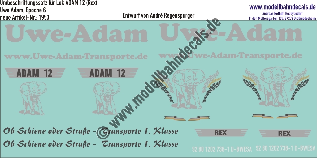 "Nass-Schiebebilder: Umbeschriftungssatz für Lok ADAM 12 (Rex), Silbern, Uwe Adam EVU GmbH, Epoche 6. Artikel-Nummer: 1953"