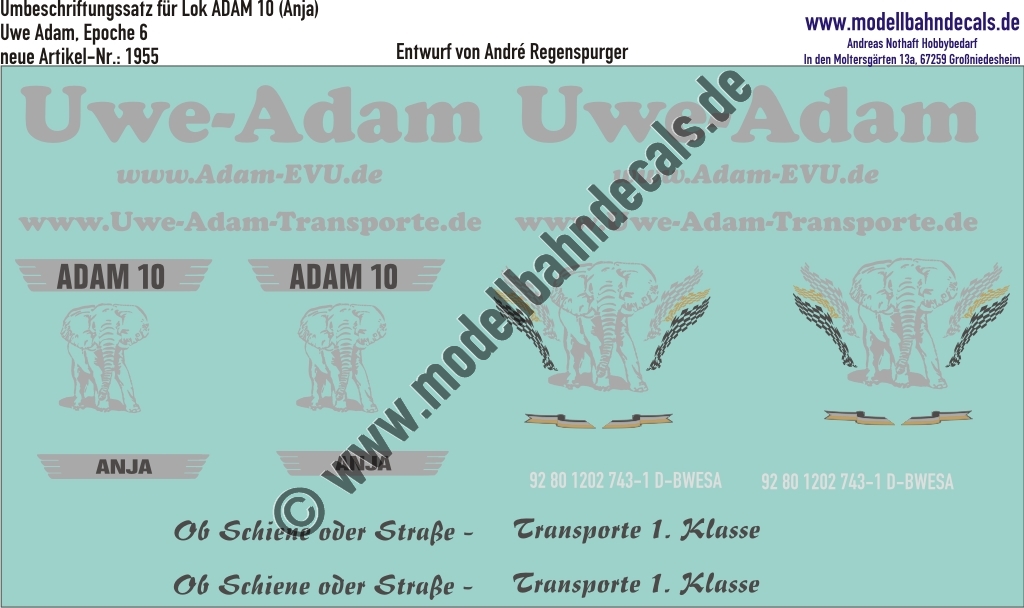 "Nass-Schiebebilder: Umbeschriftungssatz für Lok ADAM 10 (Anja), Silbern, Uwe Adam EVU GmbH, Epoche 6. Artikel-Nummer: 1955"