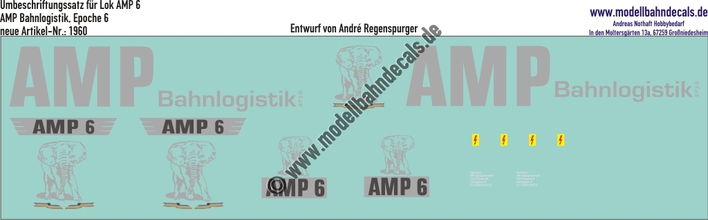 "Nass-Schiebebilder: Umbeschriftungssatz für Lok AMP 6, Silbern, AMP Bahnlogistik GmbH, Epoche 6. Artikel-Nummer: 1960"