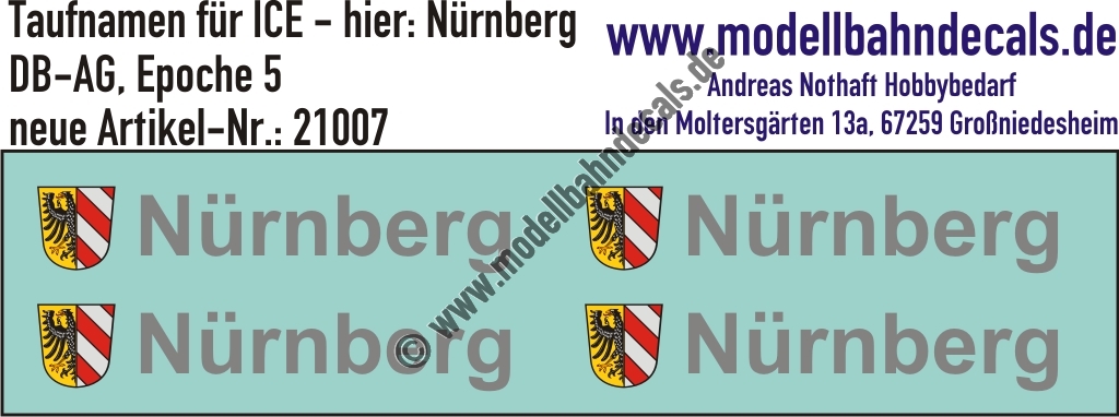 "Nass-Schiebebilder: Taufnamen für ICE ""Nürnberg"", DB-AG, Epoche 5. Artikel-Nummer: 21007"