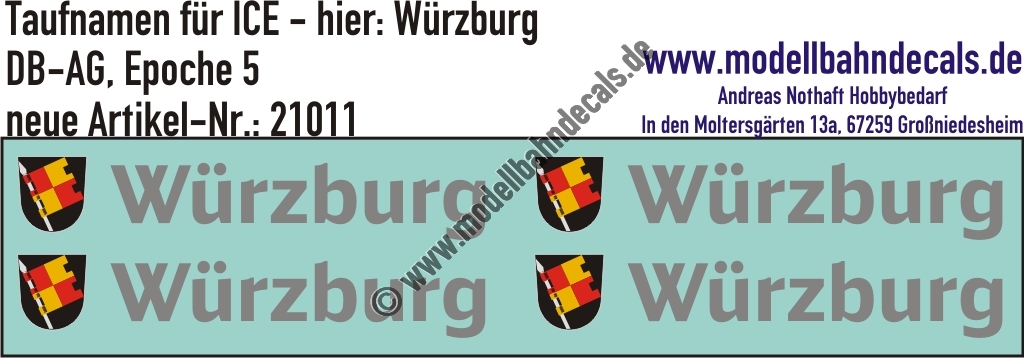 "Nass-Schiebebilder: Taufnamen für ICE ""Würzburg"", DB-AG, Epoche 5. Artikel-Nummer: 21011"