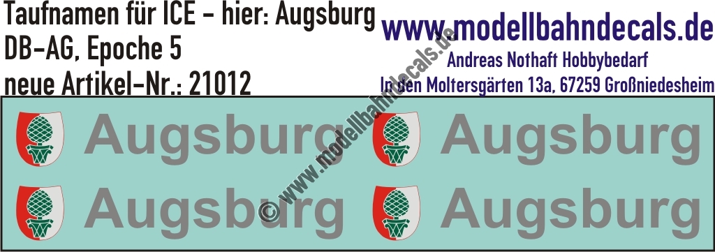 "Nass-Schiebebilder: Taufnamen für ICE ""Augsburg"", DB-AG, Epoche 5. Artikel-Nummer: 21012"