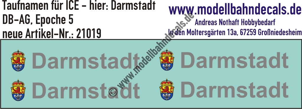 "Nass-Schiebebilder: Taufnamen für ICE ""Darmstadt"", DB-AG, Epoche 5. Artikel-Nummer: 21019"
