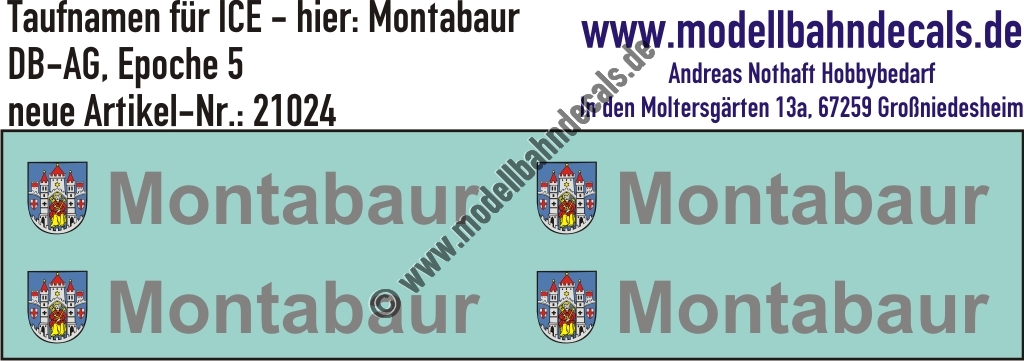 "Nass-Schiebebilder: Taufnamen für ICE ""Montabaur"", DB-AG, Epoche 5. Artikel-Nummer: 21024"