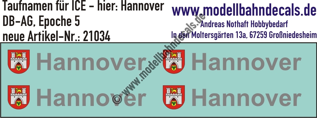 "Nass-Schiebebilder: Taufnamen für ICE ""Hannover"", DB-AG, Epoche 5. Artikel-Nummer: 21034"
