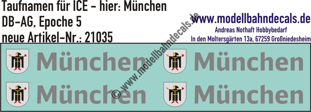"Nass-Schiebebilder: Taufnamen für ICE ""München"", DB-AG, Epoche 5. Artikel-Nummer: 21035"