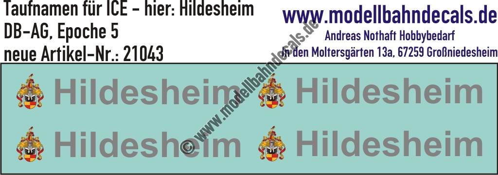 "Nass-Schiebebilder: Taufnamen für ICE ""Hildesheim"", DB-AG, Epoche 5. Artikel-Nummer: 21043"