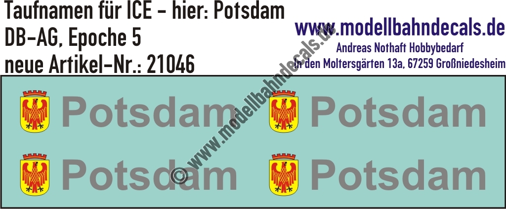 "Nass-Schiebebilder: Taufnamen für ICE ""Potsdam"", DB-AG, Epoche 5. Artikel-Nummer: 21046"