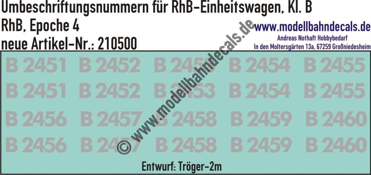 Nass-Schiebebilder: Umbeschriftungsnummern für Einheitswagen Klasse B der RhB (Rhätische Bahn), Epoche 4; Entwurf Tröger-2m. Artikel-Nummer: 210500