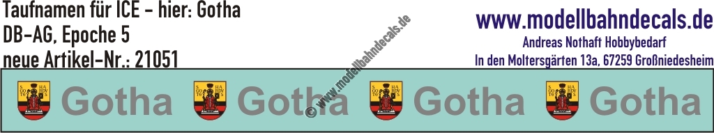"Nass-Schiebebilder: Taufnamen für ICE ""Gotha"", DB-AG, Epoche 5. Artikel-Nummer: 21051"