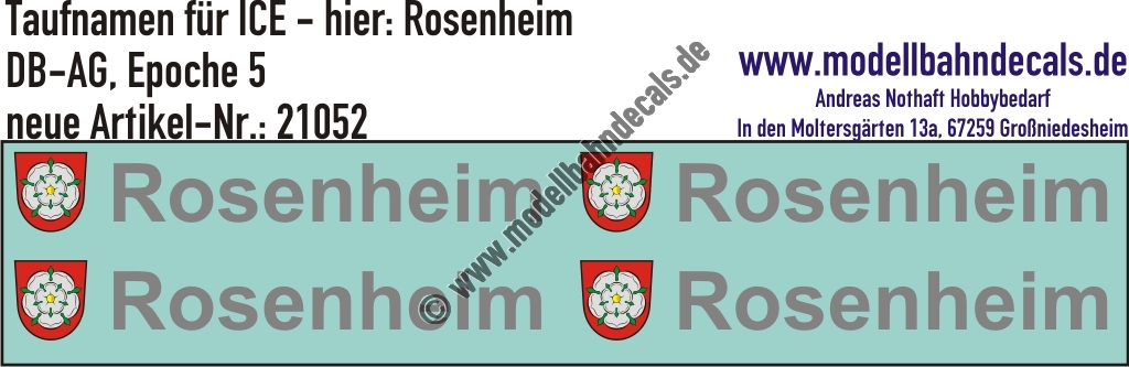 "Nass-Schiebebilder: Taufnamen für ICE ""Rosenheim"", DB-AG, Epoche 5. Artikel-Nummer: 21052"