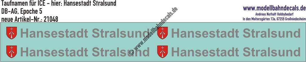 "Nass-Schiebebilder: Taufnamen für ICE ""Hansestadt Stralsund"", DB-AG, Epoche 5. Artikel-Nummer: 21055"