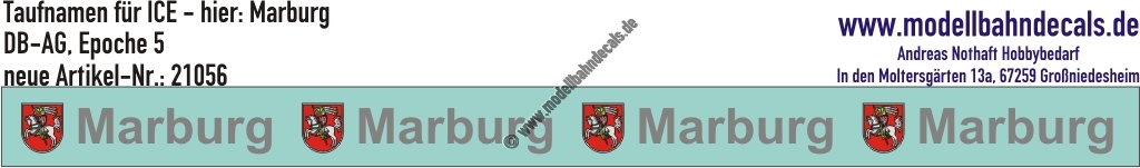 "Nass-Schiebebilder: Taufnamen für ICE ""Marburg"", DB-AG, Epoche 5. Artikel-Nummer: 21056"