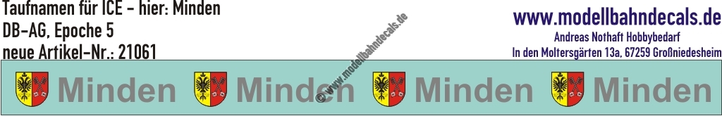 "Nass-Schiebebilder: Taufnamen für ICE ""Minden"", DB-AG, Epoche 5. Artikel-Nummer: 21061"