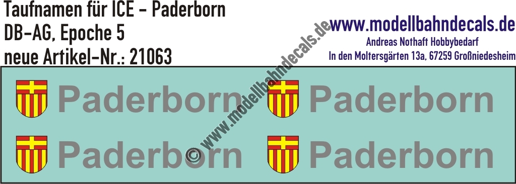 "Nass-Schiebebilder: Taufnamen für ICE ""Paderborn"", DB-AG, Epoche 5. Artikel-Nummer: 21063"