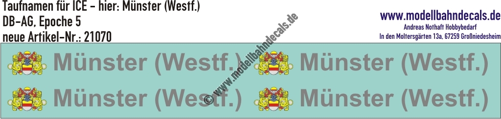 "Nass-Schiebebilder: Taufnamen für ICE ""Münster (Westf.)"", DB-AG, Epoche 5. Artikel-Nummer: 21070"