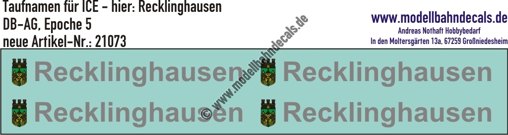 "Nass-Schiebebilder: Taufnamen für ICE ""Recklinghausen"", DB-AG, Epoche 5. Artikel-Nummer: 21073"