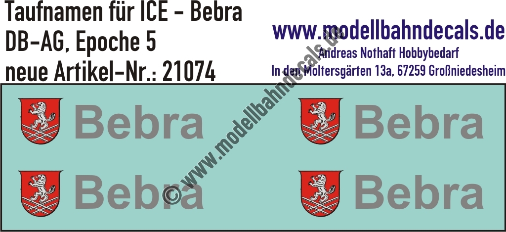 "Nass-Schiebebilder: Taufnamen für ICE ""Bebra"", DB-AG, Epoche 5. Artikel-Nummer: 21074"