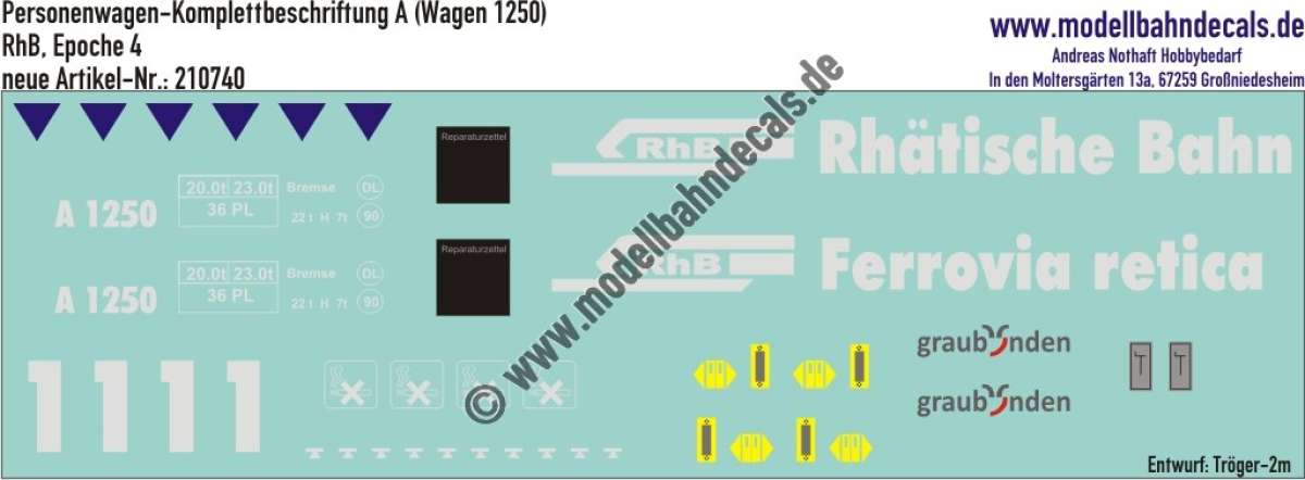 Nass-Schiebebilder: Personenwagen-Komplettbeschriftung Einheitswagen Klasse A (Wagen 1250) der RhB (Rhätische Bahn), Epoche 4, Entwurf Tröger-2m. Artikel-Nummer: 210740