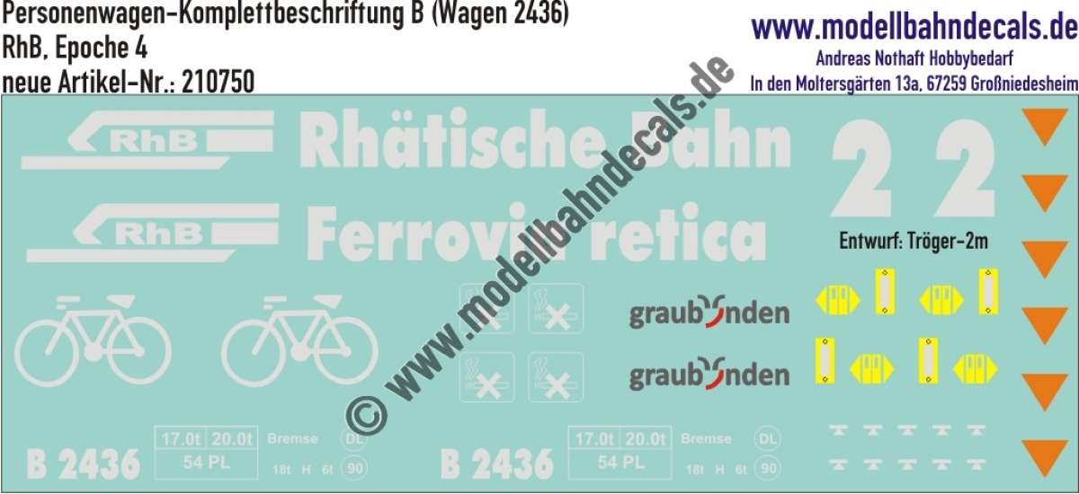 Nass-Schiebebilder: Personenwagen-Komplettbeschriftung Einheitswagen Klasse B (Wagen 2436) der RhB (Rhätische Bahn), Epoche 4, Entwurf Tröger-2m. Artikel-Nummer: 210750