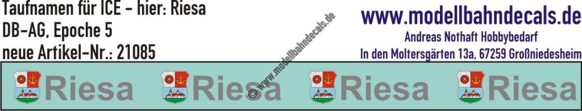 Nass-Schiebebilder: Taufnamen für ICE ""Riesa"", DB-AG, Epoche 5. Artikel-Nummer: 21085