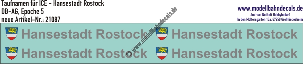 "Nass-Schiebebilder: Taufnamen für ICE ""Hansestadt Rostock"", DB-AG, Epoche 5. Artikel-Nummer: 21087"
