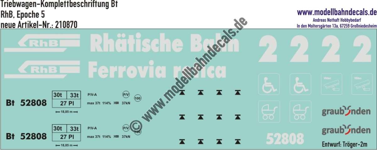 Nass-Schiebebilder: Triebwagen-Komplettbeschriftung Bt der RhB (Rhätische Bahn), Epoche 4; Entwurf Tröger-2m, Art. 210870