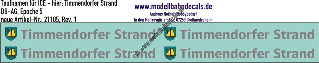"Nass-Schiebebilder: Taufnamen für ICE ""Timmendorfer Strand"", DB-AG, Epoche 5. Artikel-Nummer: 21105"