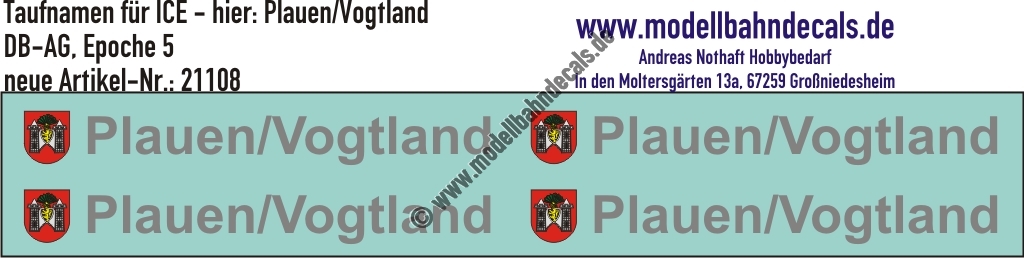 "Nass-Schiebebilder: Taufnamen für ICE ""Plauen/Vogtland"", DB-AG, Epoche 5. Artikel-Nummer: 21108"