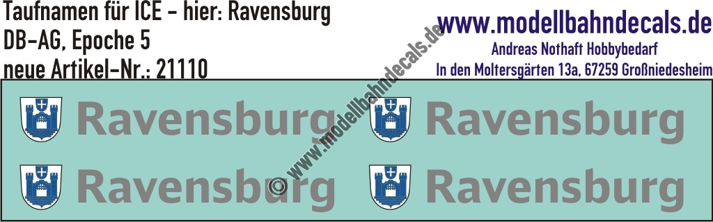 "Nass-Schiebebilder: Taufnamen für ICE ""Ravensburg"", DB-AG, Epoche 5. Artikel-Nummer: 21110"