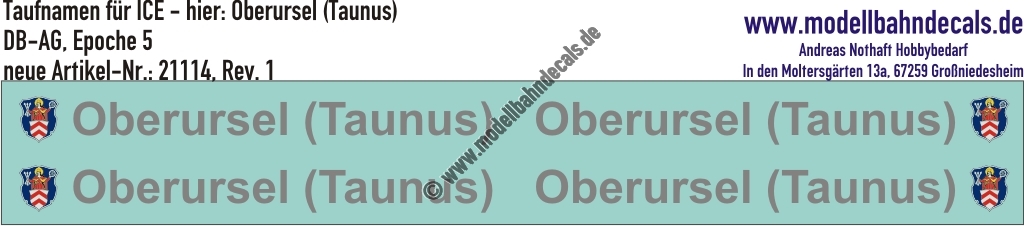 "Nass-Schiebebilder: Taufnamen für ICE ""Oberursel (Taunus)"", DB-AG, Epoche 5. Artikel-Nummer: 21114"