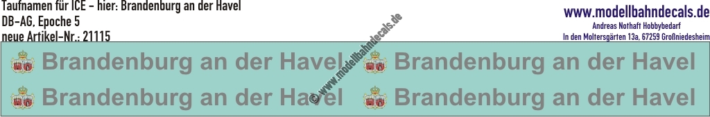 "Nass-Schiebebilder: Taufnamen für ICE ""Brandenburg an der Havel"", DB-AG, Epoche 5. Artikel-Nummer: 21115"