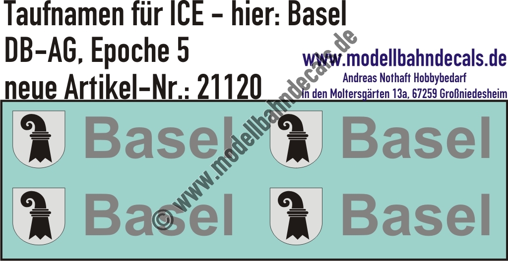 "Nass-Schiebebilder: Taufnamen für ICE ""Basel"", DB-AG, Epoche 5. Artikel-Nummer: 21120"