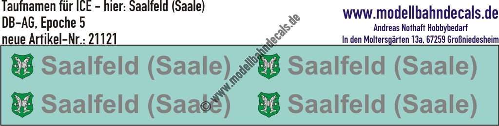 "Nass-Schiebebilder: Taufnamen für ICE ""Saalfeld (Saale)"", DB-AG, Epoche 5. Artikel-Nummer: 21121"