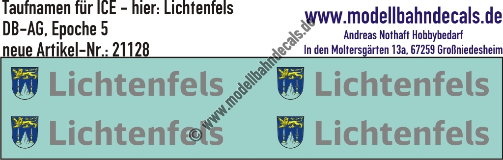"Nass-Schiebebilder: Taufnamen für ICE ""Lichtenfels"", DB-AG, Epoche 5. Artikel-Nummer: 21128"