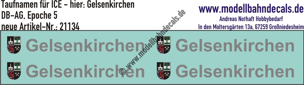 "Nass-Schiebebilder: Taufnamen für ICE ""Gelsenkirchen"", DB-AG, Epoche 5. Artikel-Nummer: 21134"