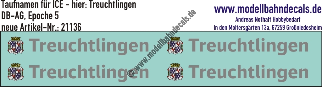 "Nass-Schiebebilder: Taufnamen für ICE ""Treuchtlingen"", DB-AG, Epoche 5. Artikel-Nummer: 21136"